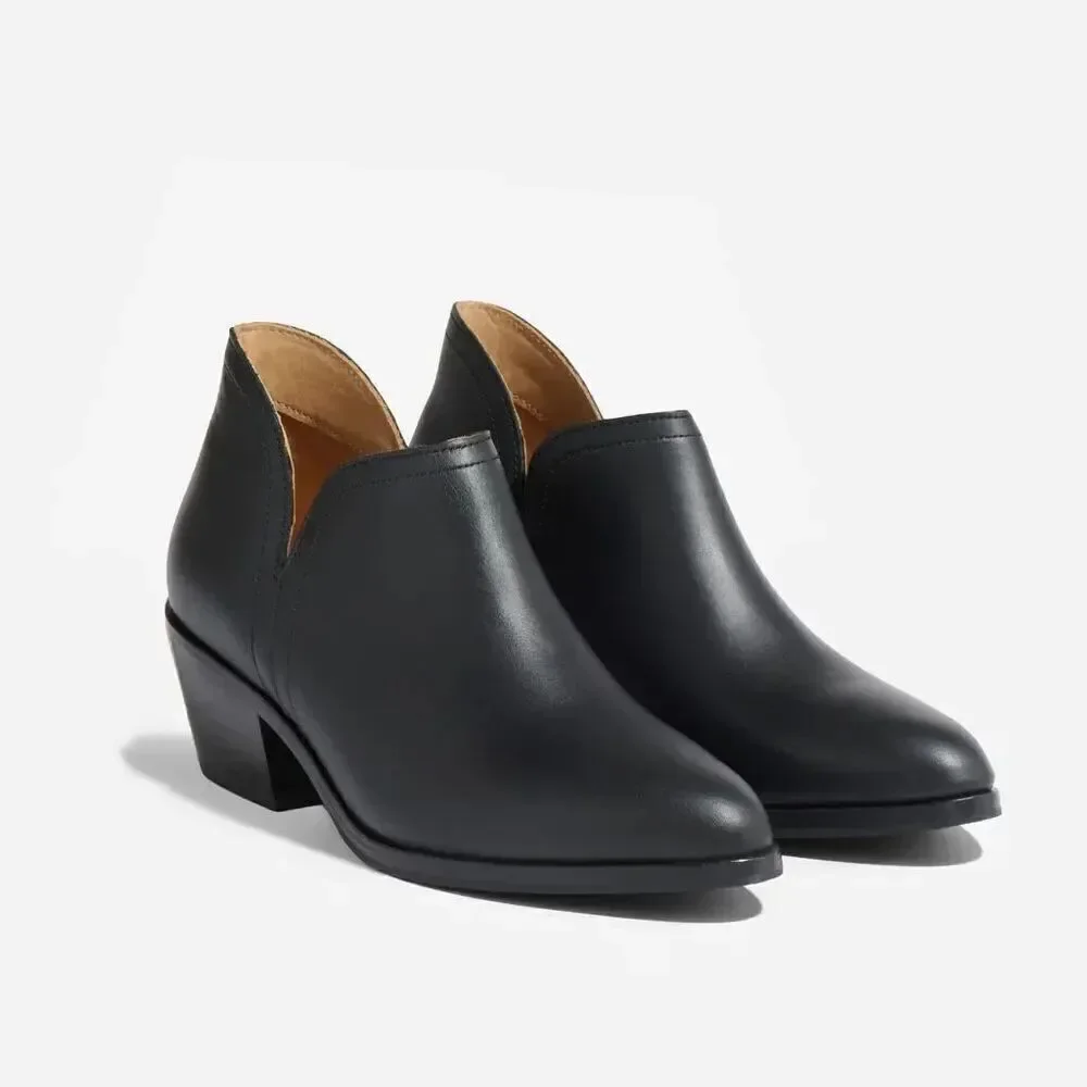 Nisolo Mia Everyday Ankle Black on Black Water Resistant Leather Stacked Heel Bo
